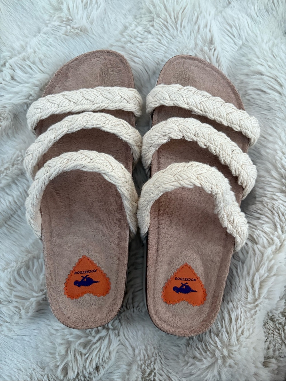 Rocket Dog Cream Braided Triple-Strap Slide Sandals